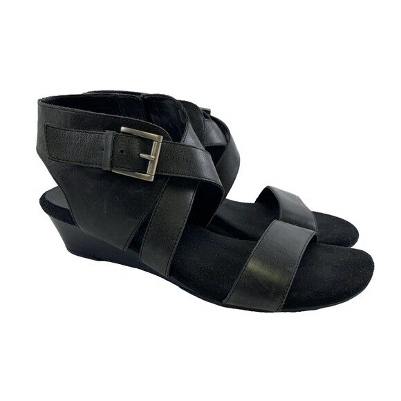 Aerosoles Propryetor Heel Rest Wedge Sandals Black Leather Buckle Zip Womens 9 - Picture 1 of 14
